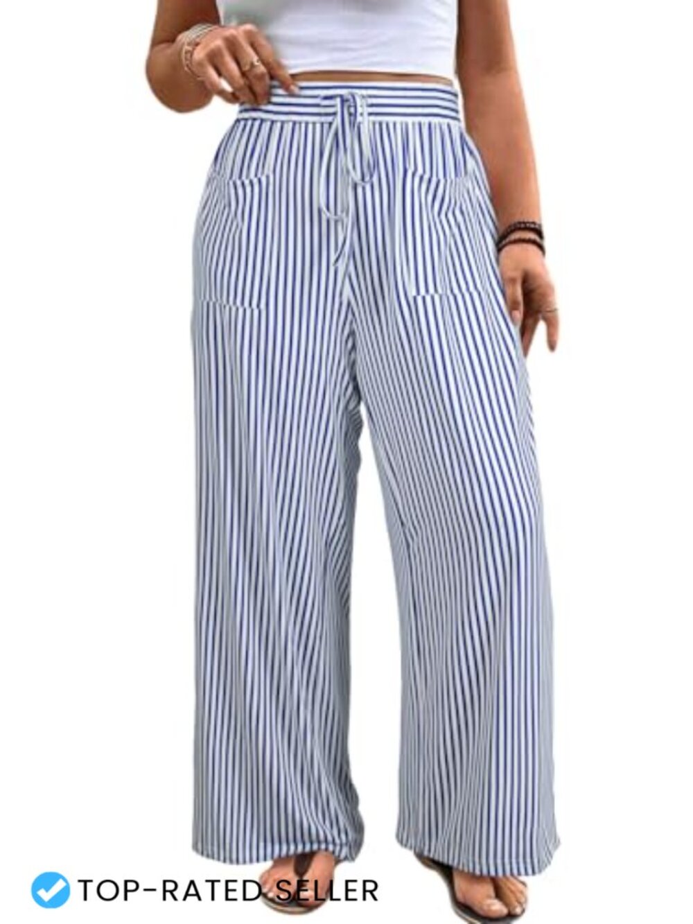 Plus Size Wide Leg Pants Elastic High Waist Striped Palazzo Lounge Trouser